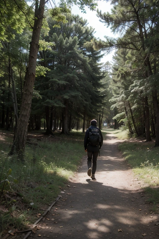 Imagen de un personaje caminando por un sendero solitario en el bosque. The sun shines through the trees as the character contemplates his surroundings.