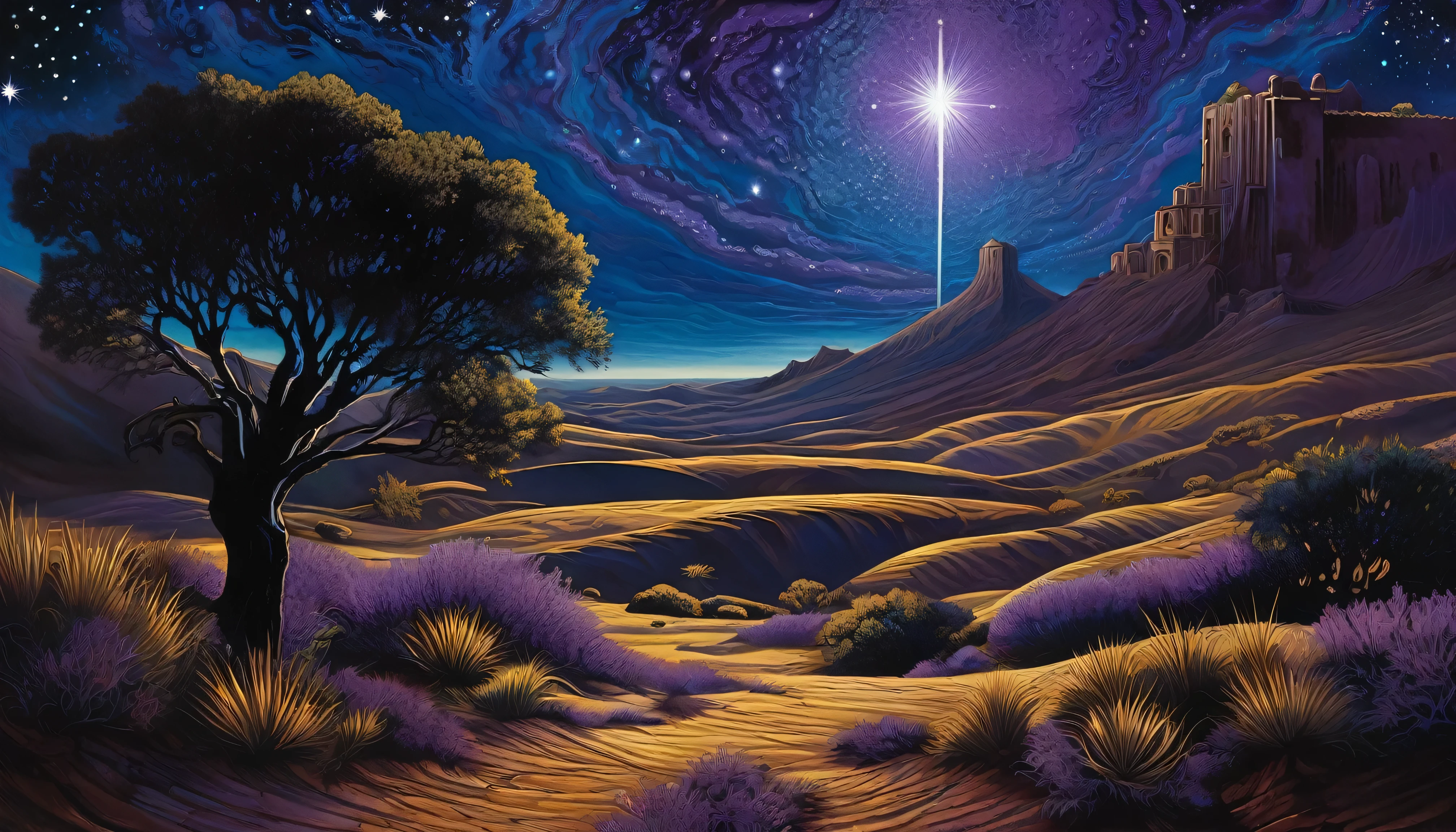 The painting depicts a deep, starry night sky, com a Cruz do Sul brilhando intensamente no centro. The surrounding stars are painted in dark blue and purple tones, creating a feeling of mystery and darkness. The cross itself is depicted in intricate detail, radiating a celestial light that seems to cut through the very fabric of the universe. Abaixo da cruz, there is an arid and desolate landscape, sugerindo um deserto ou uma terra abandonada. No horizonte distante, the shadows of ancient ruins can be glimpsed, giving a feeling of antiquity and mystery. The overall atmosphere is dark and melancholic, but also charged with a transcendental and sacred power, evoking the song's themes of spiritual quest and redemption.