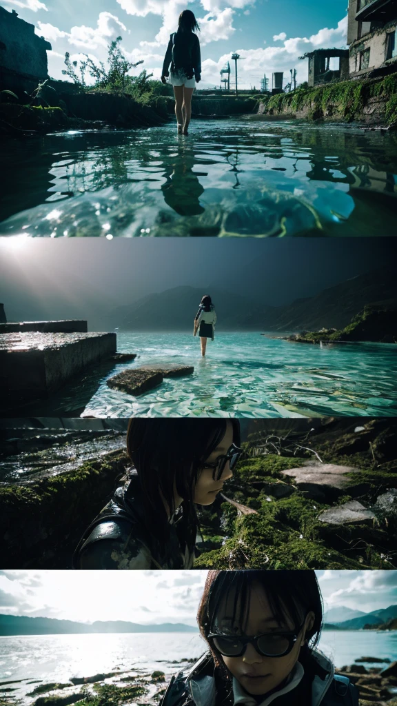 In the water,moss,Showa,Collapse,Devastation,Inside the ruins,Glasses,Women,adventure,Black and White,
