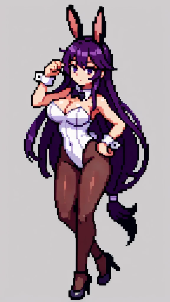 Pixel art, 6-life, full body, facing left,run, animal ears, rabbit ears, playboy bunny, a woman, wrist cuffs, leotard, black leotard, fake animal ears, detached collar, tail, pantyhose, strapless leotard , solo, bow, long hair, strapless, bowtie, rabbit tail, high heels, purple hair'full body, black bowtie, brown legwear, white background, standing, black bow, simple background, hair ornament, breasts,Big breasts,black footwear, cleavage, Saori Kido