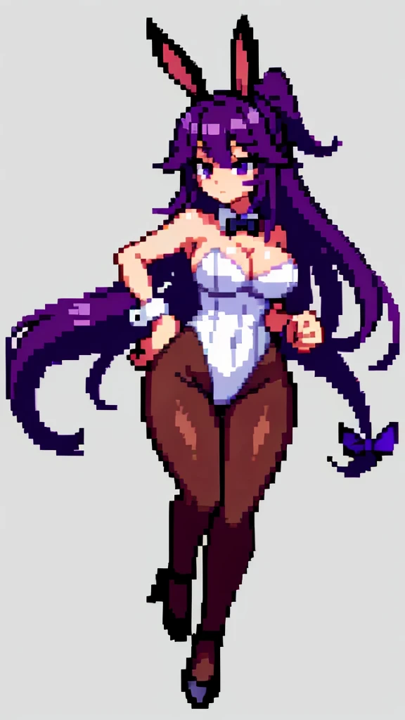 Pixel art, 6-life, full body, facing left,run, animal ears, rabbit ears, playboy bunny, a woman, wrist cuffs, leotard, black leotard, fake animal ears, detached collar, tail, pantyhose, strapless leotard , solo, bow, long hair, strapless, bowtie, rabbit tail, high heels, purple hair'full body, black bowtie, brown legwear, white background, standing, black bow, simple background, hair ornament, breasts,Big breasts,black footwear, cleavage, Saori Kido