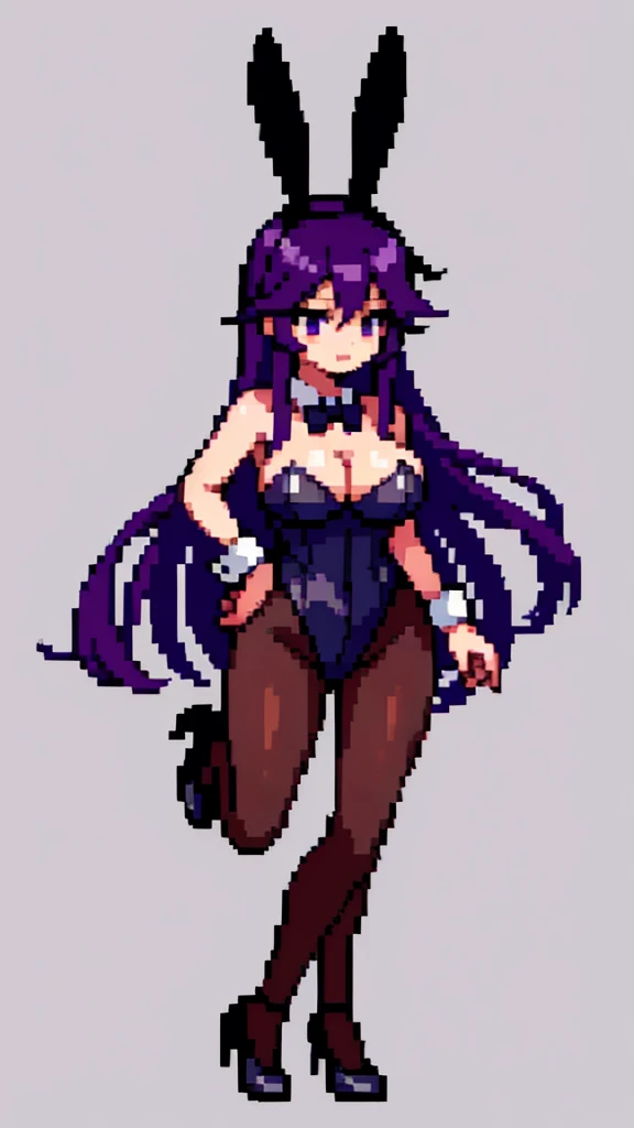 Pixel art, 6-life, full body, facing left,run, animal ears, rabbit ears, playboy bunny, a woman, wrist cuffs, leotard, black leotard, fake animal ears, detached collar, tail, pantyhose, strapless leotard , solo, bow, long hair, strapless, bowtie, rabbit tail, high heels, purple hair'full body, black bowtie, brown legwear, white background, standing, black bow, simple background, hair ornament, breasts,Big breasts,black footwear, cleavage, Saori Kido