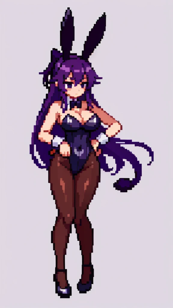 Pixel art, 6-life, full body, facing left,run, animal ears, rabbit ears, playboy bunny, a woman, wrist cuffs, leotard, black leotard, fake animal ears, detached collar, tail, pantyhose, strapless leotard , solo, bow, long hair, strapless, bowtie, rabbit tail, high heels, purple hair'full body, black bowtie, brown legwear, white background, standing, black bow, simple background, hair ornament, breasts,Big breasts,black footwear, cleavage, Saori Kido