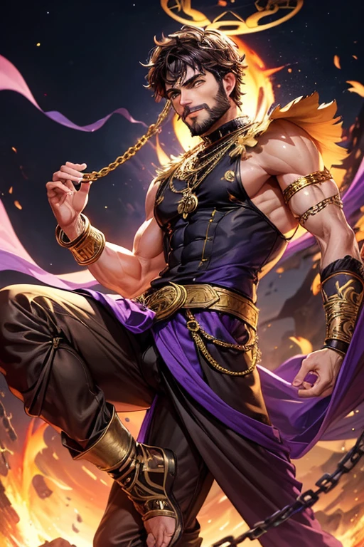 30-year-old man, short brown and black hair, with brown beard, short messy hair, dark skin, yellow eyes, djinn clothing, open purple sleeveless vest, purple vest with white Arabic print, black Arabic pants, gold belt, djinn bracelet with gems, purple boots, brown boots, phosphorescent gold tattoos, surrounded by fire and white smoke with magic circles with chains tied to hands and feet surrounded by white chains on a background of Arab ruins. with magic circles and a crown of fire on his head, slim and muscular build