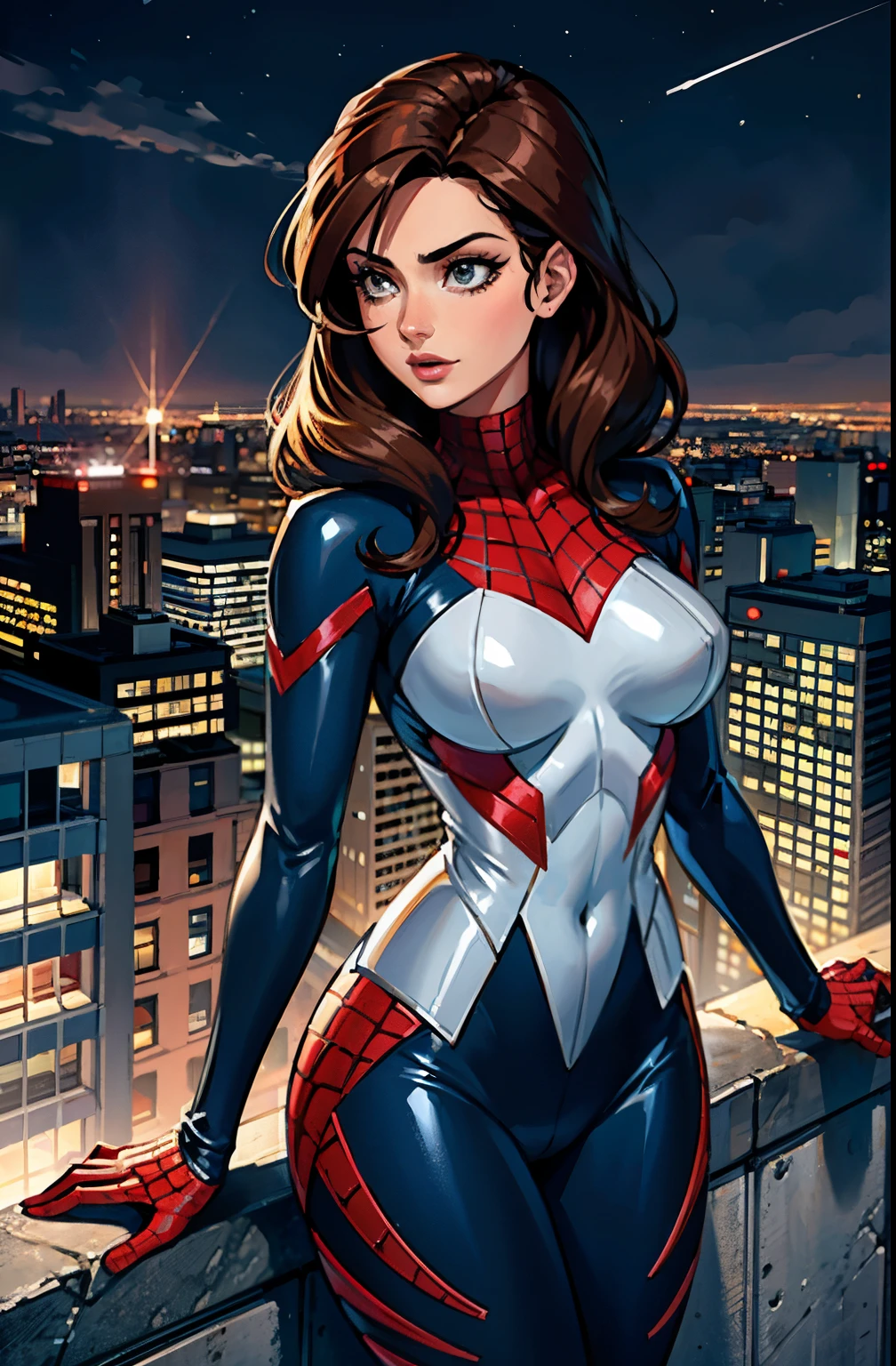 (obra maestra),(mejor calidad:1.0), (Ultra high resolution:1.0), detailed illustration, 8K, chica blanca (with brown hair) (pelo rizado) (pelo gratis) vistiendo un traje azul de spiderman, A white spider symbol on the chest of his suit., chaqueta de cuero negro , mascarilla negra, She is on the roof of a building looking at the city at night. (cuerpo completo) (vista completa del fondo)