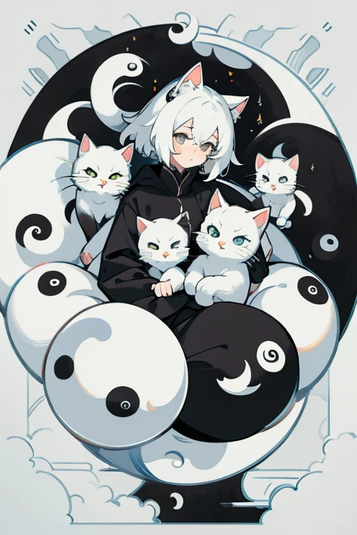 Black and white, female, brush , yin yang, painting, cats