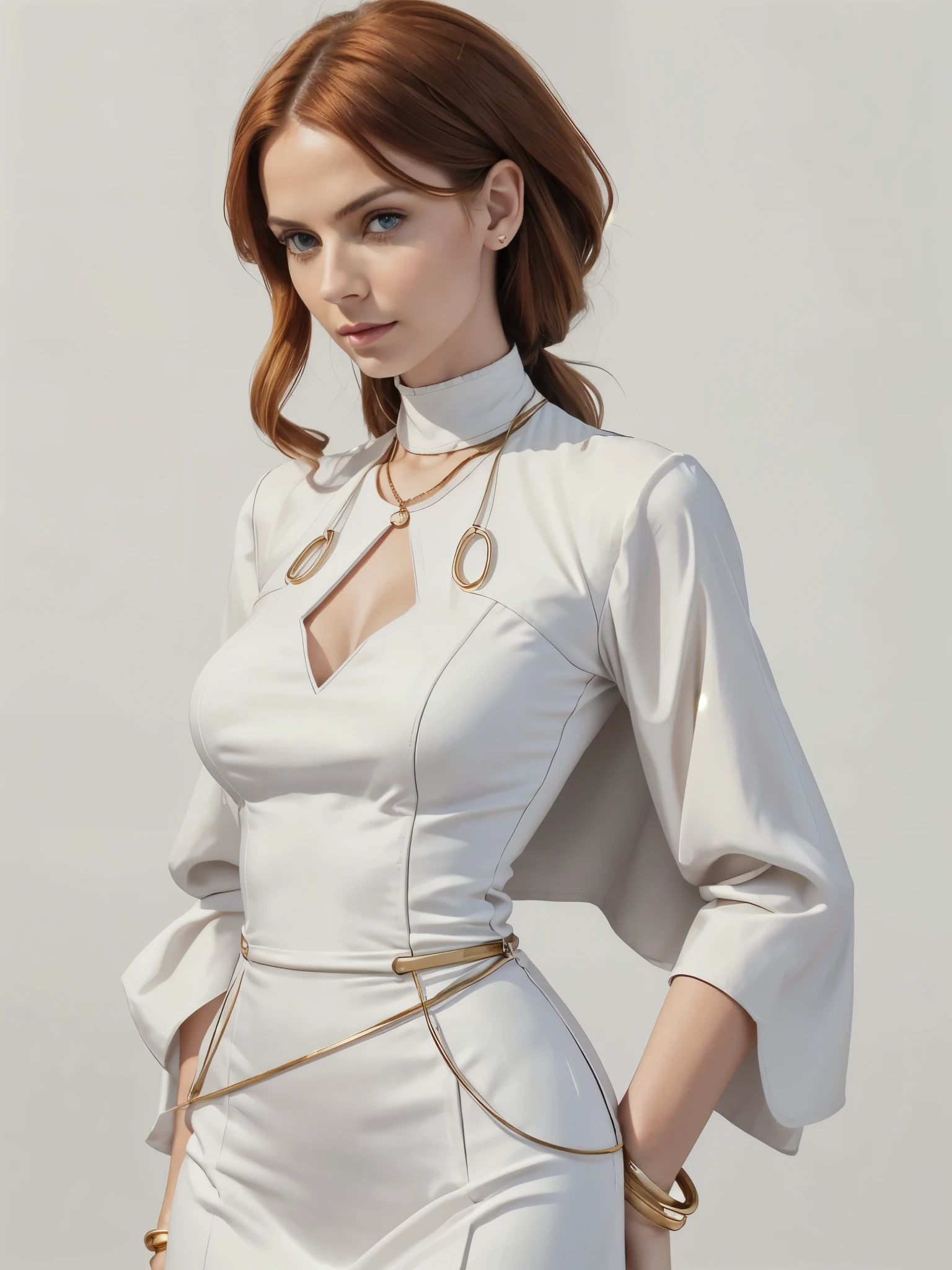 makeup, mascara, simple color palettes, one woman 25 years old, stylish, Clean, sharp designs, flowing silhouettes, Tight skirts, high-waisted skirts and , simple dresses, blouses, asymmetrical, geometric, Elegant and luxurious materials and designs, Simple, minimal accessories, ((gold trim)), (elegant dress), slender, athletic, Slim necklaces and rings in silver or gold, Simple bangles, Distinctive designs, simple silhouettes, chic and mature impression, simple and sophisticated style, elegance, minimalism, high quality materials, cool and urban impression, high fashion, , simplicity and sophistication, plain white dress, chic white dress ((long red hair)), ginger hair,  [Victoria Beckham], [[Kate Beckinsale]], [[[Jenna Coleman]]], [[[Tricia Helfer]]],
