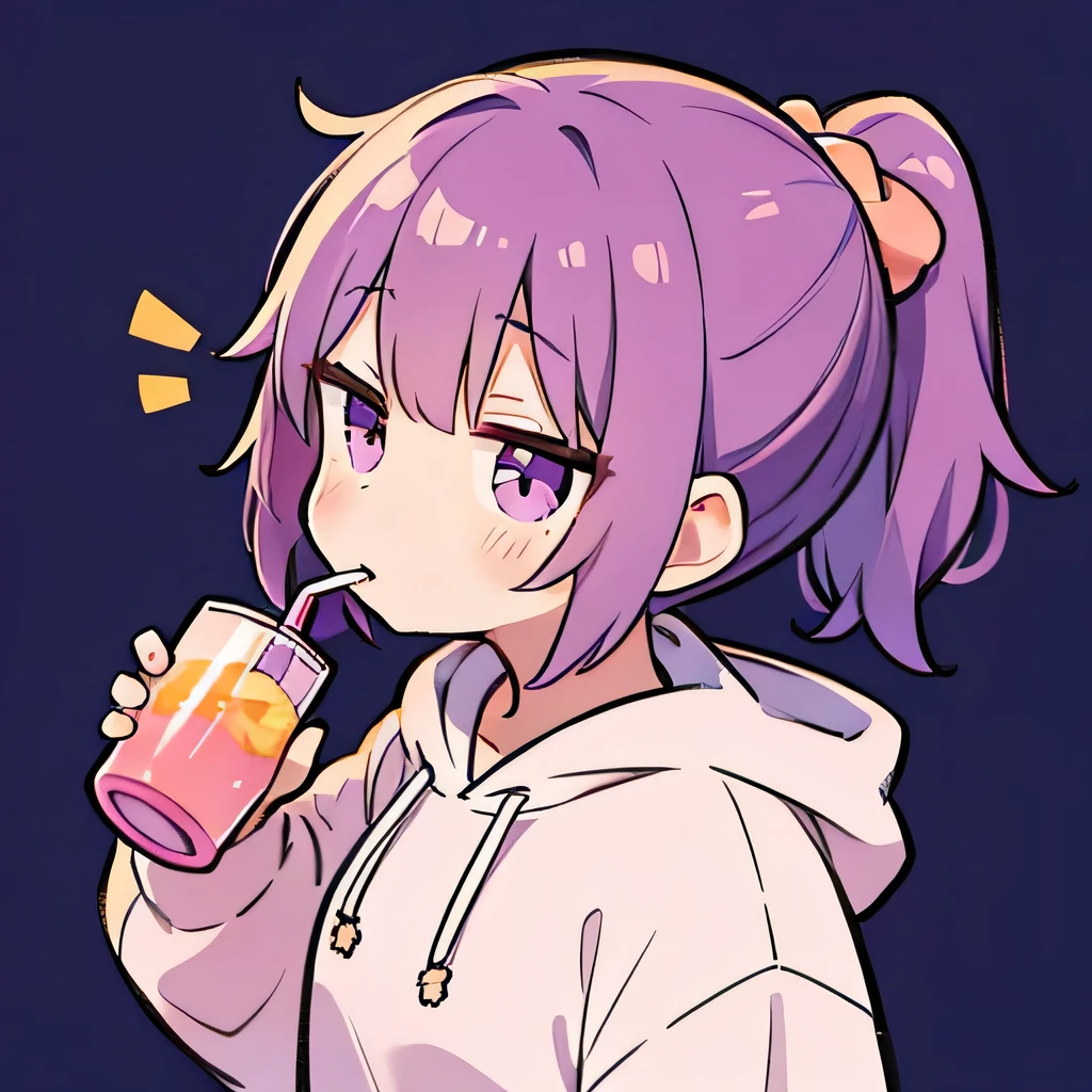 Short ponytail, purple hair, cute, hoodie, drinking peach juice