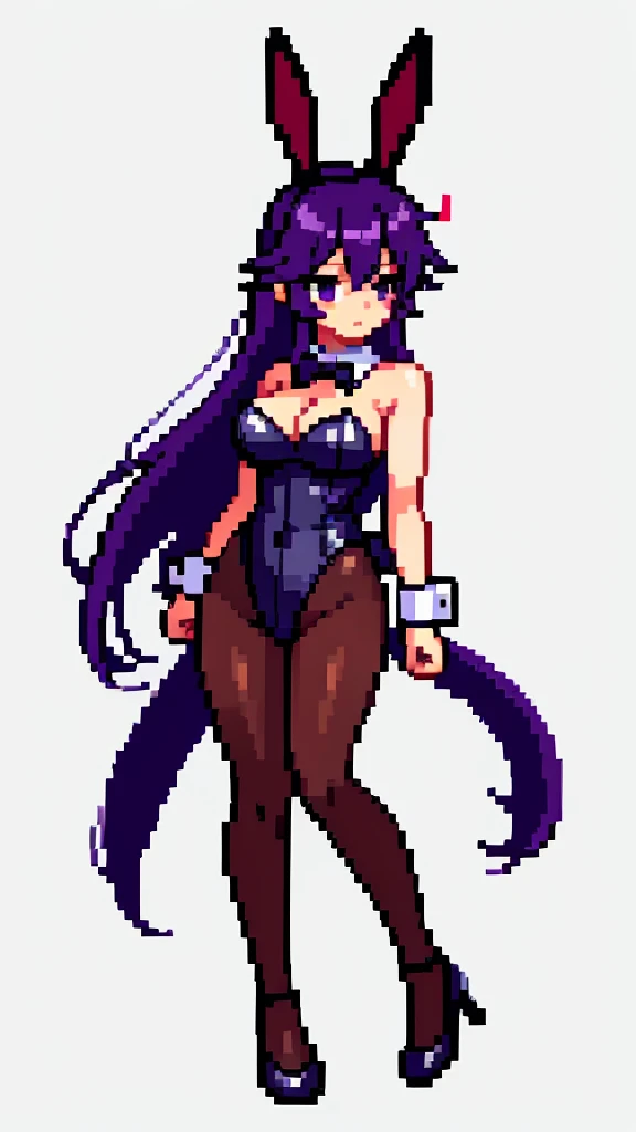 Pixel art, 6-life, full body, animal ears, rabbit ears, playboy bunny, a woman, wrist cuffs, leotard, black leotard, fake animal ears, detached collar, tail, pantyhose, strapless leotard , solo, bow, long hair, strapless, bowtie, rabbit tail, high heels, purple hair'full body, black bowtie, brown legwear, white background, standing, black bow, simple background, hair ornament, breasts,Big breasts,black footwear, cleavage, Saori Kido