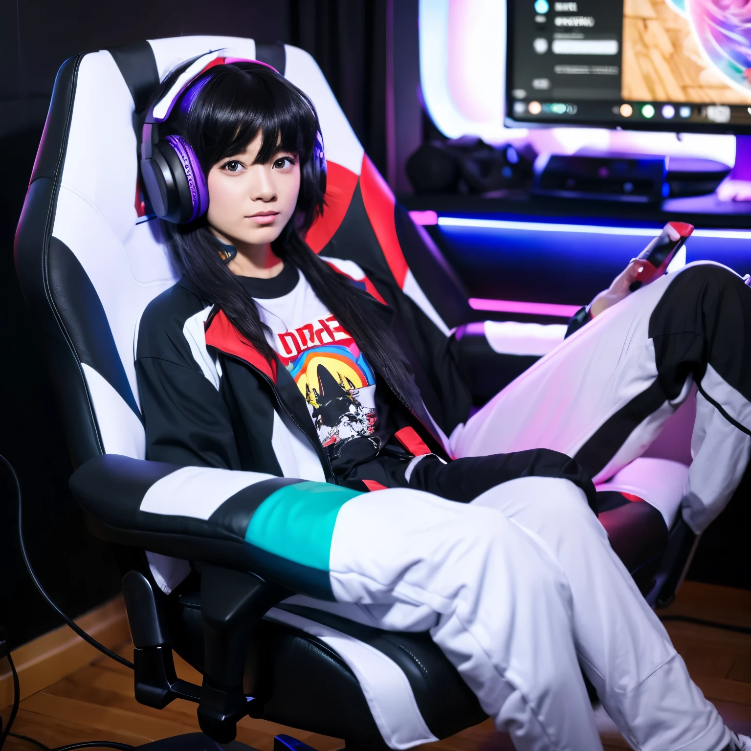 Make a in a gaming chair, negra, cabelos cacheados, unicorn outfit, estilo roblox