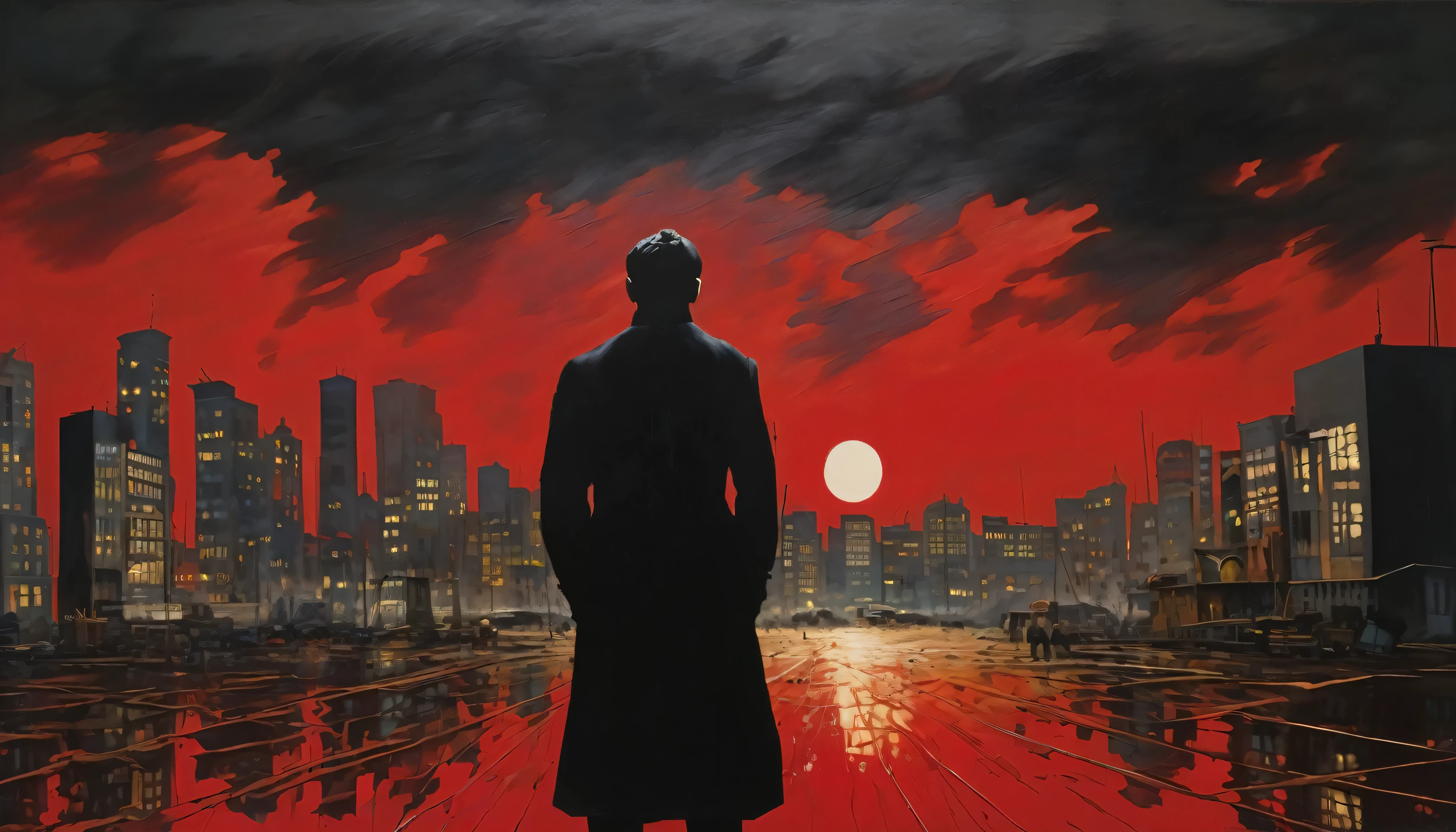 The painting depicts a dark and distorted urban scene., with tall, misty buildings in the background. The sky is laden with dark and stormy clouds, suggesting an atmosphere of restlessness and apprehension. In the center of the composition, There is a lone figure, representing the narrator of the song. This figure is in a tense posture, with his fists clenched and his face contorted in an expression of paranoia and anxiety. Your silhouette stands out against the shadowy background, emphasizing his loneliness and emotional agony. Elementos visuais adicionais, como sombras distorcidas e linhas angulares, can be used to convey a sense of dissonance and disorientation. A paleta de cores seria dominada por tons escuros e saturados, como cinzas, pretos e vermelhos profundos, amplifying the feeling of oppression and despair. This painting seeks to capture the disturbing and frenetic essence of "Paranoid", reflecting the song's themes of alienation and paranoia.