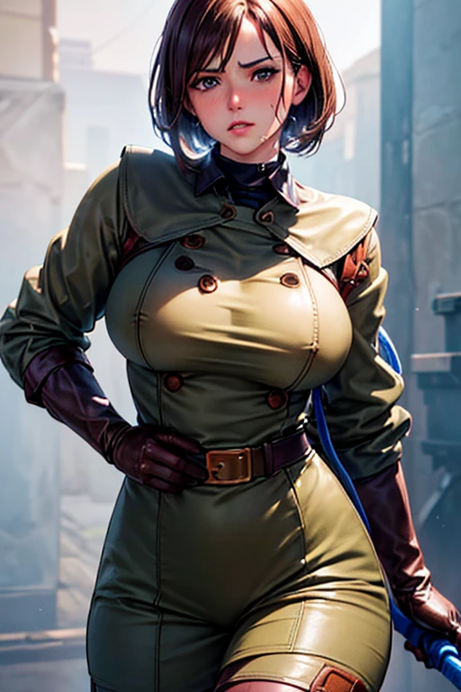 Browsing Caution, (Best image quality,highest quality,Highest Resolution, Ultra-Realistic Images,Very detailed,masterpiece,8k),One Woman,Whipping,Brown medium hair,Khaki military uniform,Leather gloves,Leather boots,((With a blue whip)),((Sticky with sweat)),Big Breasts, Erect nipples,blush, Eyes in Love, Dynamic pose ,Browsing Caution,