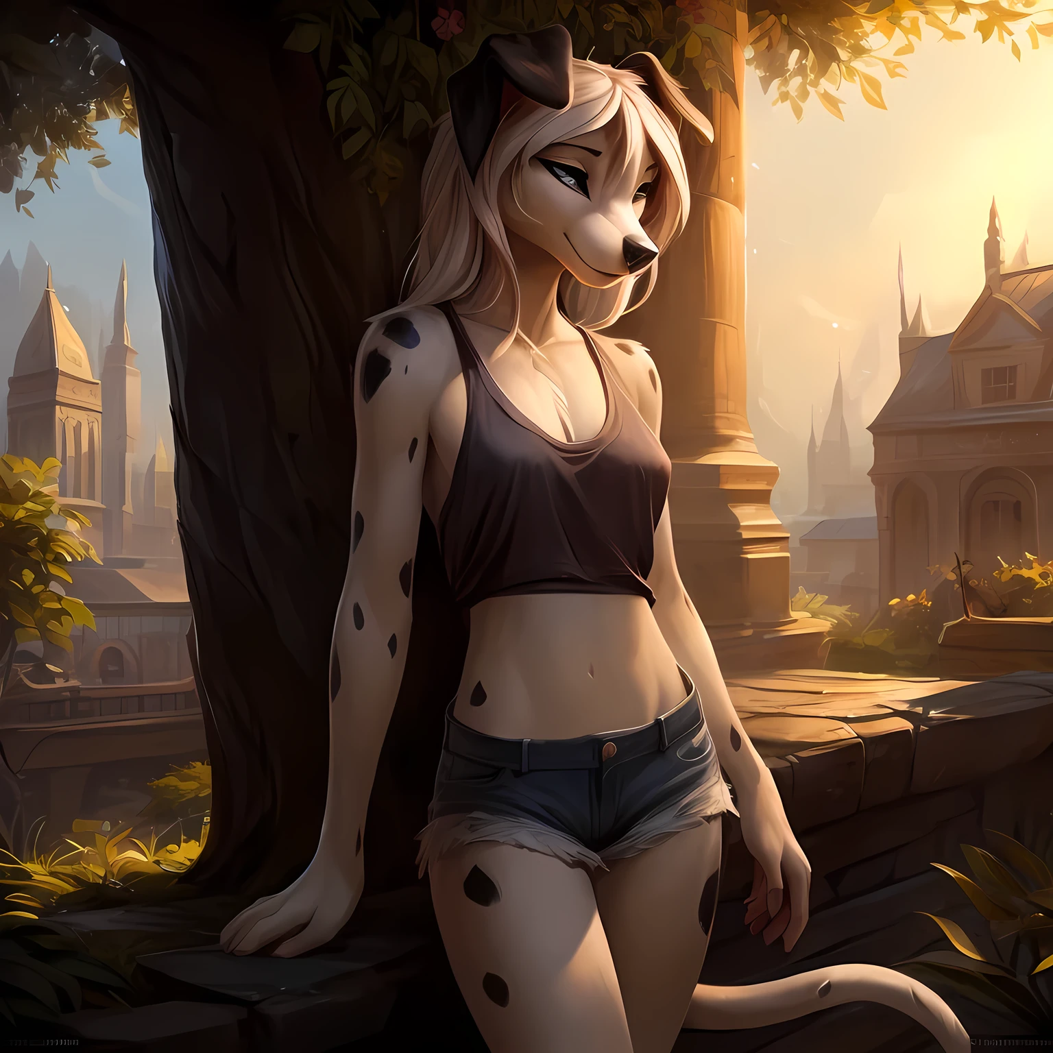 uploaded on e621,by hioshiru, by zaush, by Einshelm, solo anthro, ((Portrait)), BREAK, (detailed Bonifasko lighting), Nature Goddess, (Detailed fur), (detailed skin), BREAK, (Cinematic lighting), ((Detailed background)), (half body shadow), [Backlighting], [crepuscular ray], [Detailed ambient light], [gray natural lighting], [ambient light on the belly], (higher wildlife feral detail), [explict content], [sharp-focus], (Questionable content), (shaded), ((Masterpiece), furry fantasy art, anthro art, commission for high res, Furry art, Masterpiece, Best Quality, Detailed image, Bright colors, Detailed Face, perfect lighting, Perfect shadows, Perfect eyes, focus on girl, gorgeous body, Hourglass body, black and white skin, two toned markings, spots, 1girl, full body, (Masterpiece:1.2), (Best Quality:1.2), (illustartion:1.2), (Cinematic lighting:1.3), Detailed skin, Balanced coloring, Global Illumination, Ray Tracing, good lighting, female, ((dalmation)), (canine), anthro, showing hips, attractive body, sexy body, thick-thighs, Suggestive Pose, realistic hands, city park background, small breasts, skinny, digitigrade legs, paws, full body portrait, ((thin tail)), short fur, shy, blushing, ((floppy ears)), black ears, tank top, denim shorts