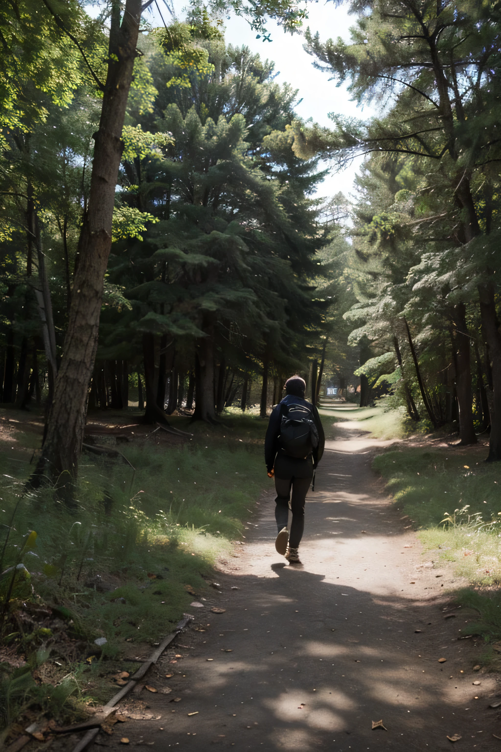 Imagen de un personaje caminando por un sendero solitario en el bosque. The sun shines through the trees as the character contemplates his surroundings.