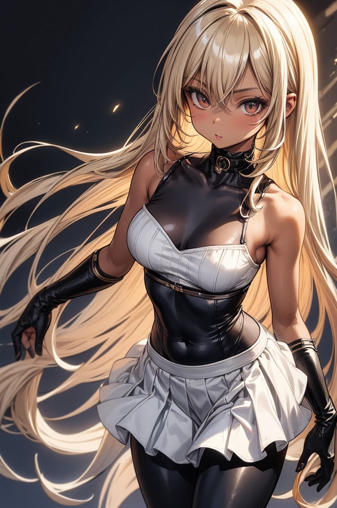 8K UHD, Digital SLR, Soft lighting, High quality, ((best quality)) ((best quality)), ((masterpiece)), (detailed), 4k image, anime style, full leggings under skirt, fair caramel brown skin, African looking facial features, sexy white halter neck crop shirt, long white frilly skirt, fair caramel brown skin, white-blonde hair, sharp facial features, small elegant nose, full thick lips, thin and slender body type, small narrow waist line, small curvy hips, long flowing pixie cut hair, European gothic style clothing, low-top boots, no skin showing
