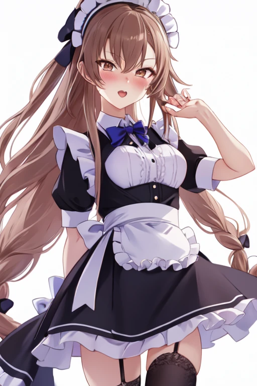 highest quality, masterpiece, High resolution, alone, (Excellent_Mikoto_Blue Archive:1.10), One Girl, Maid, blush, Maidの頭飾り, Maidエプロン, Black Dress, Frill apron, Knee socks, White apron, bow, Show Viewer, ribbon, Short sleeve, Simple Background, White Background, zettai ryouiki, - Detachable collar, Open your mouth, Puffy sleeves, 10 