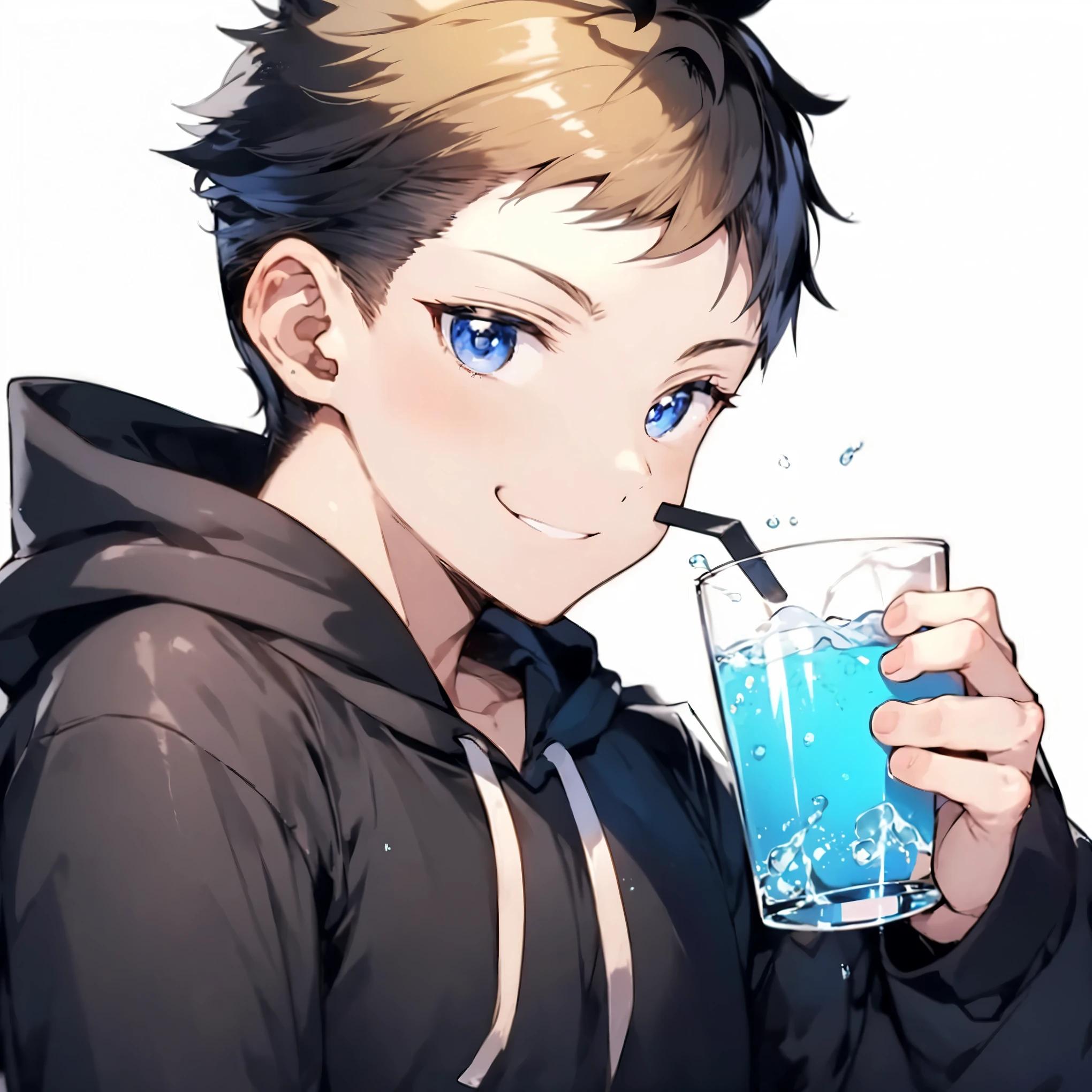 1 boy,8 years old,syota,smile,Blonde,hoodie,Have a drink,white background,(detailed eyes),detailed skin,masterpiece,best quality,Top Quality,High quality