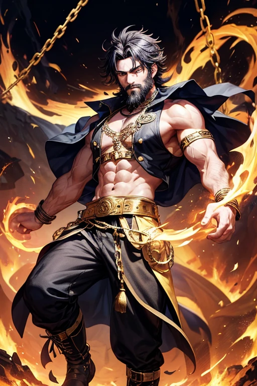 Man, 30 years old, short black and black hair, with black beard, short messy hair, black dark skin, yellow eyes, djinn clothing, open sleeveless gold vest, purple vest with black Arabic print, black Arabic pants, gold belt, djinn bracelet with gems, black boots, brown boots, phosphorescent black tattoos, surrounded by fire and blue smoke with magic circles with chains tied to hands and feet surrounded by white chains on a background of arabic ruins. with magic circles and a crown of fire on his head, slim and muscular build