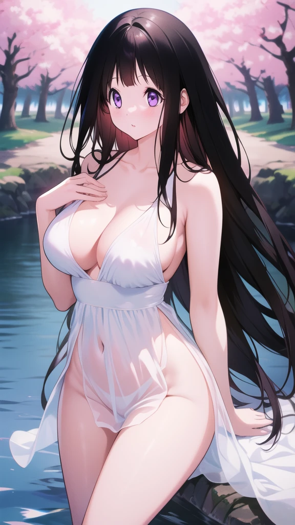 Amazing Chitanda, There is only one beautiful girl，Purple Eyes, Black Hair, Very red face，Very white skin，Glowing skin，Skin as delicate as porcelain，Naturally straight hair, Straight bangs，Extremely refined，Open lips，Long flowing hair，Beautiful Girl, Like a dream，Slim，Slim waist，Soft, (Sensual), (Kawaii), Dream quality，Beautiful ，Half of the areola is e，Completely naked，Wearing a tarent wedding dress，Deep V neckline，Loose neckline，Wide neckline，by the lakeside，Under the cherry trees，night，no pants，Bare shoulders，Bare neck，Exposed collarbone，Exposing breasts，Exposing breasow your waist，Shobuttocks，Show your thighs，Exposing t，No pants，extremely shy，Ultra-high resolution, (masterpiece:1.2, best quality), (Delicate and beautiful eyes: 1.2), (Beautiful and delicate face)