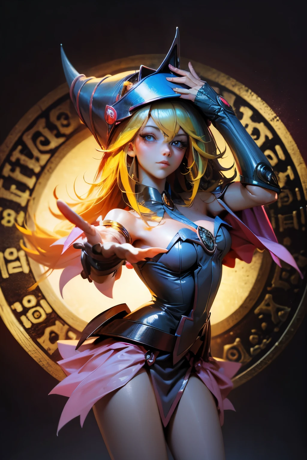 dark magician gils. Cabello rubio extra largo. Ojos verdes. magic circle background. Pose sensual y sejustiva.