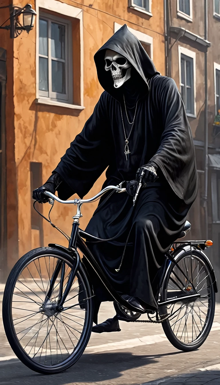 detailed, 8k, realistic, digital painting, absurde, black grim reaper ride a bicykle, free time, happy