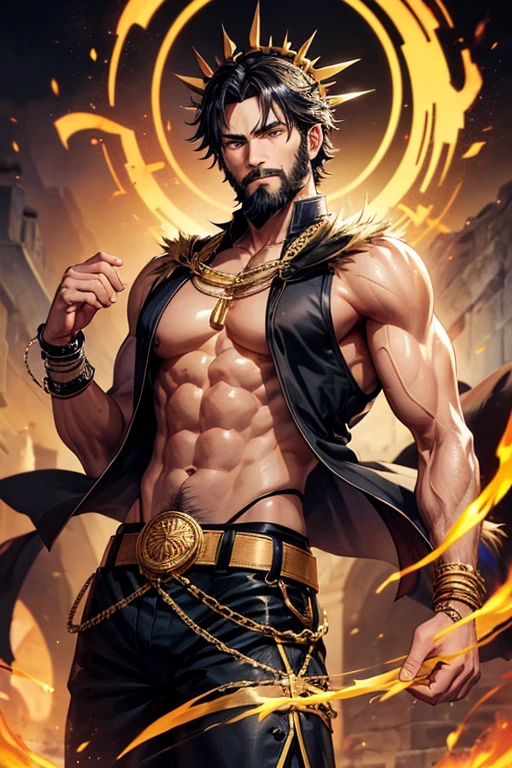 Man, 30 years old, short black and black hair, with black beard, short messy hair, black dark skin, yellow eyes, djinn clothing, open sleeveless gold vest, purple vest with black Arabic print, black Arabic pants, gold belt, djinn bracelet with gems, black boots, brown boots, phosphorescent black tattoos, surrounded by fire and blue smoke with magic circles with chains tied to hands and feet surrounded by white chains on a background of arabic ruins. with magic circles and a crown of fire on his head, slim and muscular build