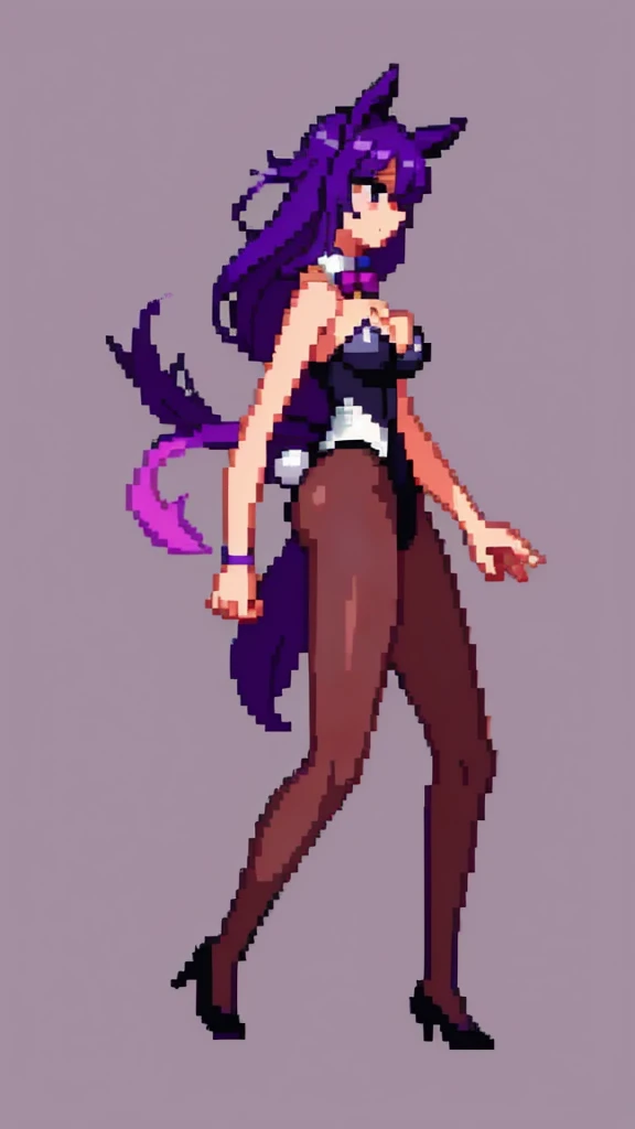 Pixel art, 6-life, full body, animal ears, Horse ears, playboy bunny, a woman, wrist cuffs, leotard, black leotard, fake animal ears, detached collar, tail, pantyhose, strapless leotard , solo, bow, long hair, strapless, bowtie, rabbit tail, high heels, purple hair'full body, black bowtie, brown legwear, white background, standing, black bow, simple background, hair ornament, breasts,Big breasts,black footwear, cleavage, Saori Kido