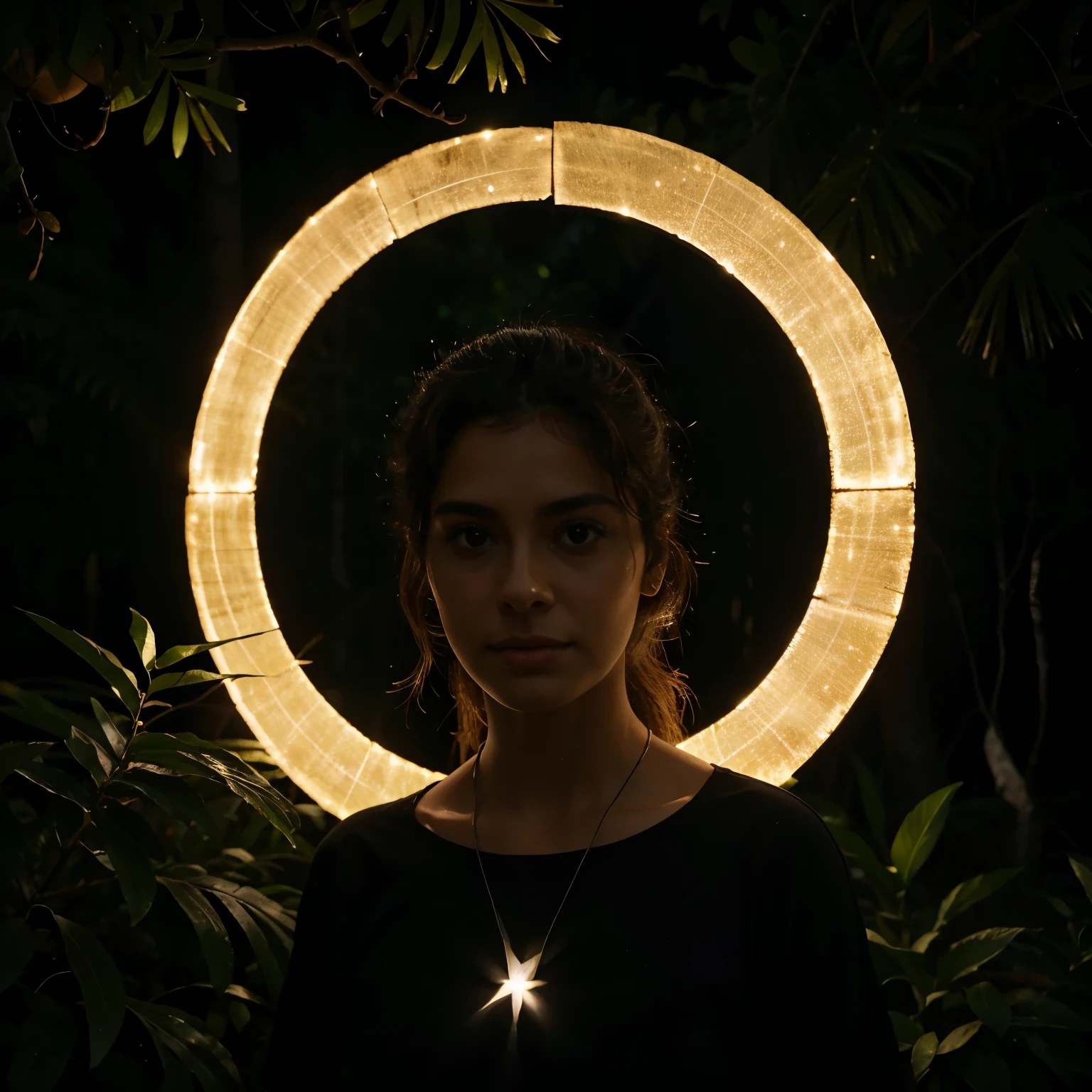 Uma floresta negra sendo iluminada pela grande lua com um Cel totalmente estrelado
