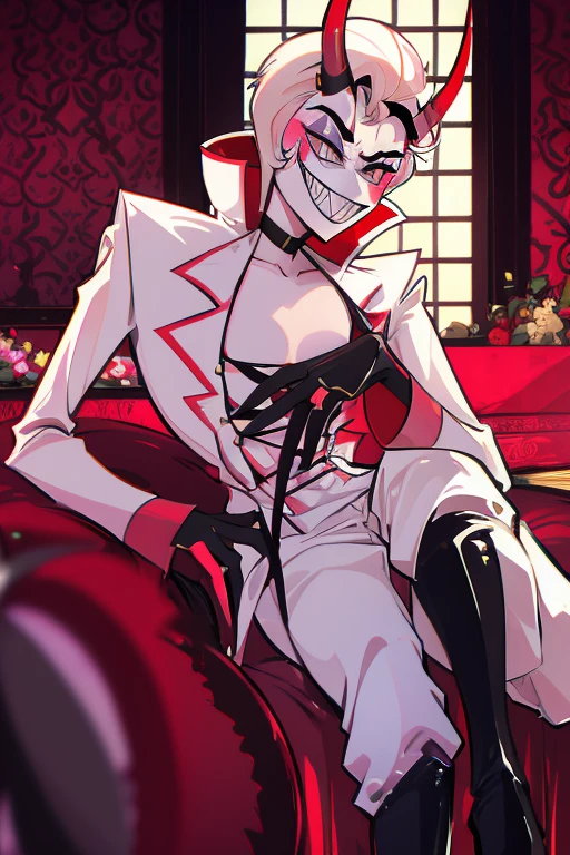 Lucifer Morningstar, hazbin hotel, 1 boy, white hair, choker, large black gloves, black thigh boots, two arms, two legs, sharp teeth, tuft, perfect anatomy, better hands, lying on bed, big erected penis, jockstrap, seductive smile, latex crop top, erect penis, mastruabting, no pants, no jacket, lustful, femboy, red horns, gay,