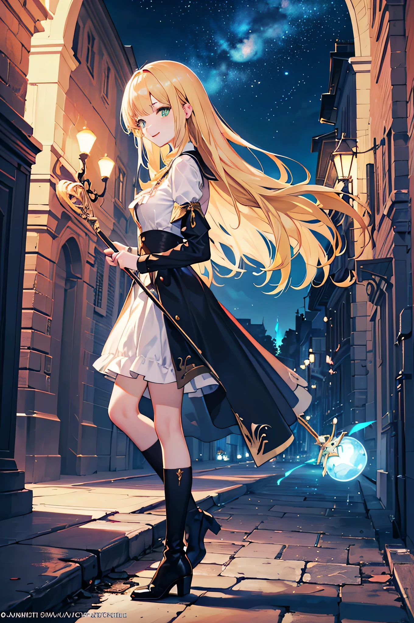(Official art、Best Quality、Unity 8k Wallpapers、32K、​masterpiece、ultra-detailliert、超A high resolution、realisitic、Photorealsitic:1.2)、(Cinematic lighting:1.2)、Fireglow effect、film grains、Best Shadows、Rim lighting、side lights、sideshot、(Ultra-detailed and complex 3D rendering)、Detailed beautiful face and eyes、Sharp pupils、Realistic pupils、A slender、１Man Woman、Medium bust、(Full body:1.2)、 Highly detailed background、beauitful face、-yeld beiful girl、(super detailed skin、detailed skin textures:1.3)、(Half Blonde、Colorful hair:1.3)、Blunt bangs、green colored eyeagical girl costume、white  shirt、Costumes with frills、frills skirt、knee sox、(thighs thighs thighs thighs:0.8)、Black boots、(Fantastic and beautiful night sky、cathedral:1.4)、(carrying a magical staff:1.3)、(from side:1.3)、Fantastical、evil smile、I opened my mouth a little.