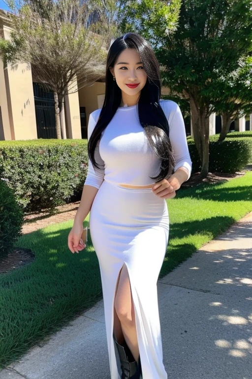 Draw lips correctly, Red lipstick, From the chest up, highest quality, Very detailed, real, Super fine muscle, Perfect Anatomy, (1 日本mature的女人), (alone),Wearing a white crew neck shirt,Maxi skirt,boots,Long Hair,Female, 37 years old,mature,Cute Smile,Outdoor Background,stand,Leg Length,Clean curves,Big Breasts,stand up,Full Body Shot