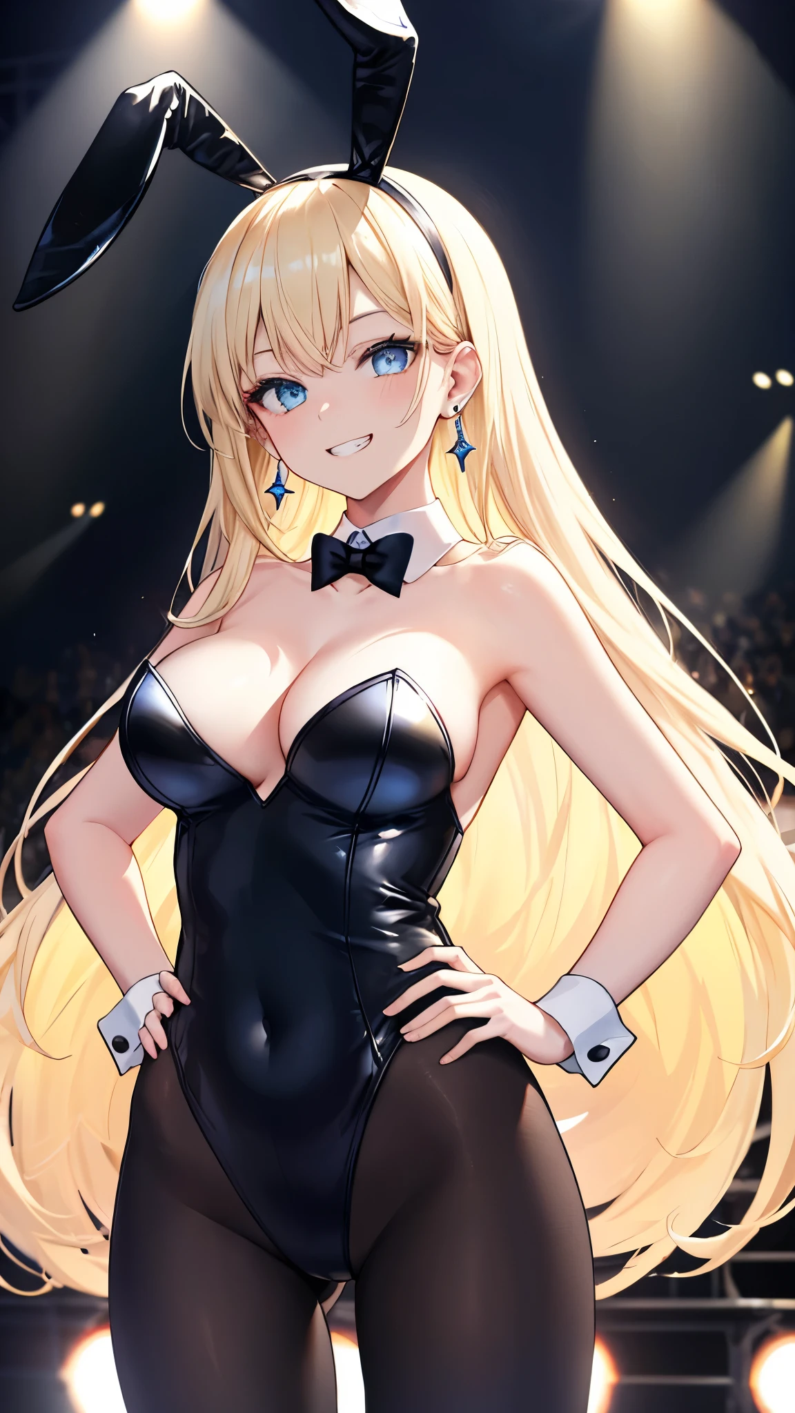(8k、Best image quality、highest quality、masterpiece)、Detailed face、One girl、Blonde、Long Hair、Light blue eyes、evil smile、((Grin))、Earrings、Large Breasts、((playboy bunny))、Cowboy Shot、Hands on hips、Stage Background