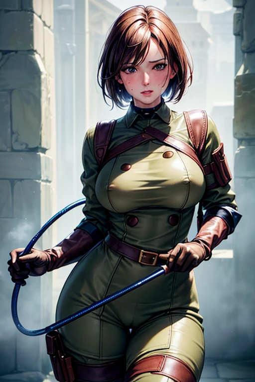 Browsing Caution, (Best image quality,highest quality,Highest Resolution, Ultra-Realistic Images,Very detailed,masterpiece,8k),One Woman,Whipping,Brown medium hair,Khaki military uniform,Leather gloves,Leather boots,((With a blue whip)),((Sticky with sweat)),Big Breasts, Erect nipples,blush, Eyes in Love, Dynamic pose ,Browsing Caution,