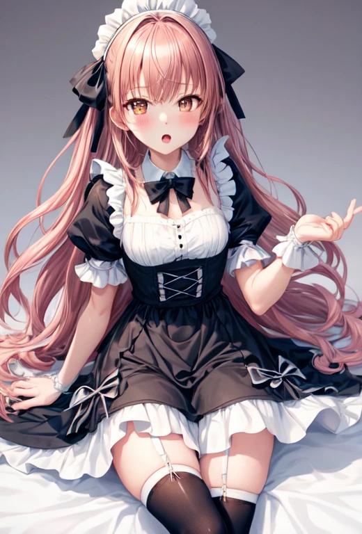 highest quality, masterpiece, High resolution, alone, (Excellent_Mikoto_Blue Archive:1.10), One Girl, Maid, blush, Maidの頭飾り, Maidエプロン, Black Dress, Frill apron, Knee socks, White apron, bow, Show Viewer, ribbon, Short sleeve, Simple Background, White Background, zettai ryouiki, - Detachable collar, Open your mouth, Puffy sleeves, 10 