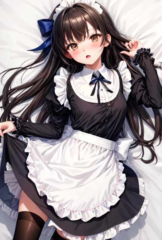 highest quality, masterpiece, High resolution, alone, (Excellent_Mikoto_Blue Archive:1.10), One Girl, Maid, blush, Maidの頭飾り, Maidエプロン, Black Dress, Frill apron, Knee socks, White apron, bow, Show Viewer, ribbon, Short sleeve, Simple Background, White Background, zettai ryouiki, - Detachable collar, Open your mouth, Puffy sleeves, 10 