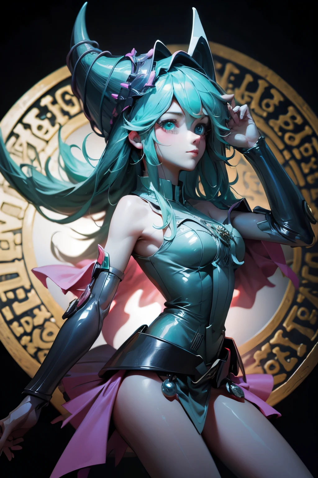 Hatsune Miku disfrazada de dark magician gils. Cabello celeste extra largo. Ojos verdes. magic circle background. Pose sensual y sejustiva.