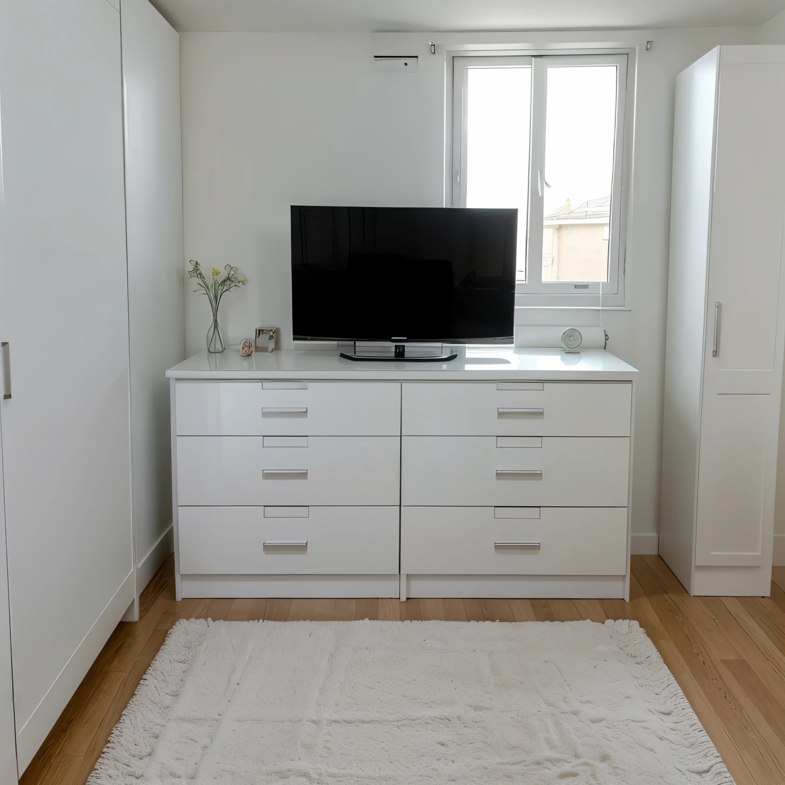 Double bedroom with a dresser all in diamond white with two drawers on top, one next to the other, two drawers at the bottom, two sides on a top, a space to place a chair, a mirror halfway across the top of this table and on the left side, along with a realistic panel with a TV and a shelf on top