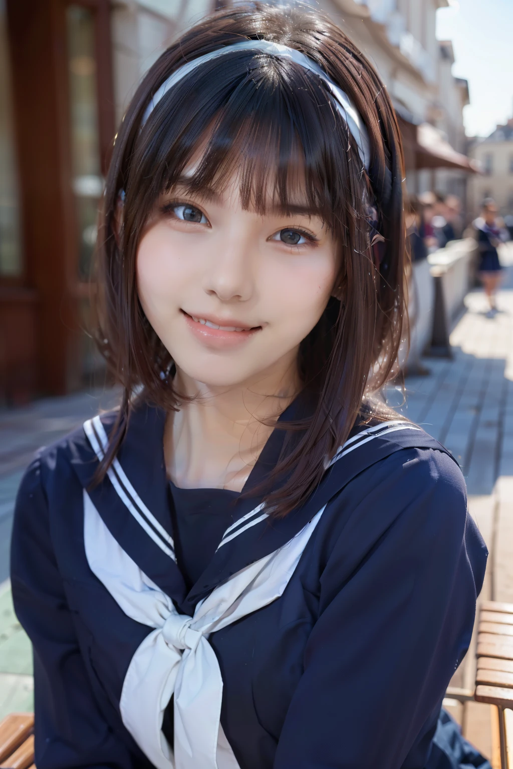 sailor uniform, One Woman, (Beautiful woman, delicate :1.3), Shiny Black Hair, Bobcut, bangs, (8k), (highest quality: 1.2), (Realistic), (Realistic: 1.37), (masterpiece), (Ultra-high resolution), (RAW Photos), (Absolute Resolution), (((face is small compared to body: 1.4))), (((Small face:１.4))), A balanced face, (Small Mouth: 1.4), ((Slim female body: 1.4)), Black Hair, (((long sleeve Sailor suit))), realistic high school girl, (((White headband))), Small breasts, Slanted Eyes, Bright Blue Eyes, (Cafe on the open terrace), Open your mouth, smile, Blurred, full body, Three white lines on the collar of a sailor uniform, 