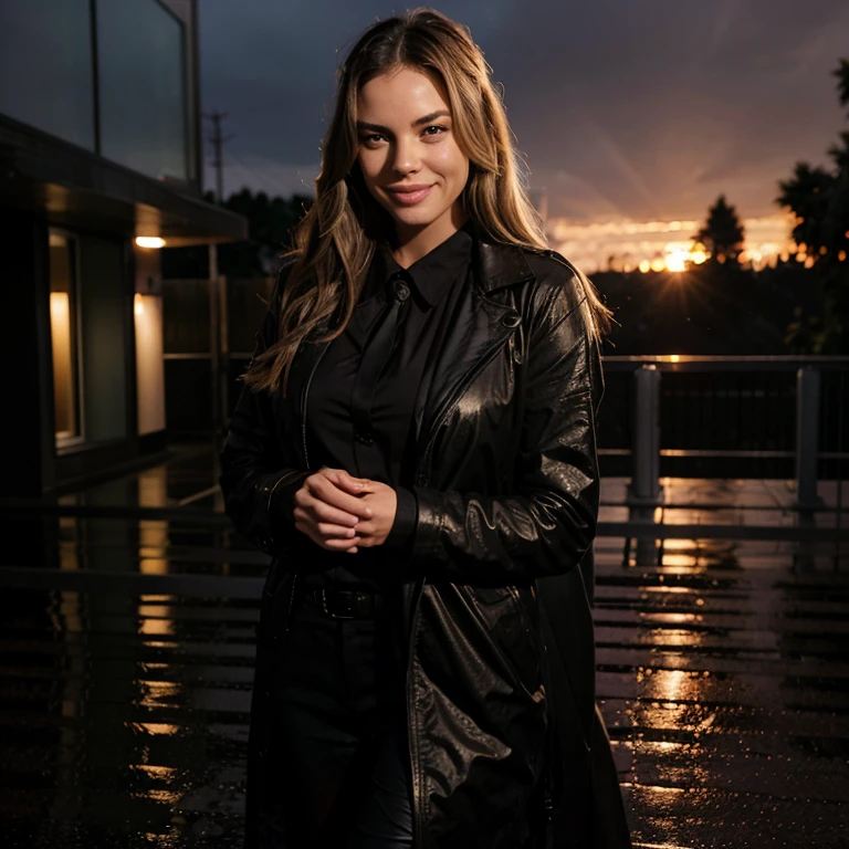 Lauren German on a rainy sunset dressed in attractive clothes smiling
