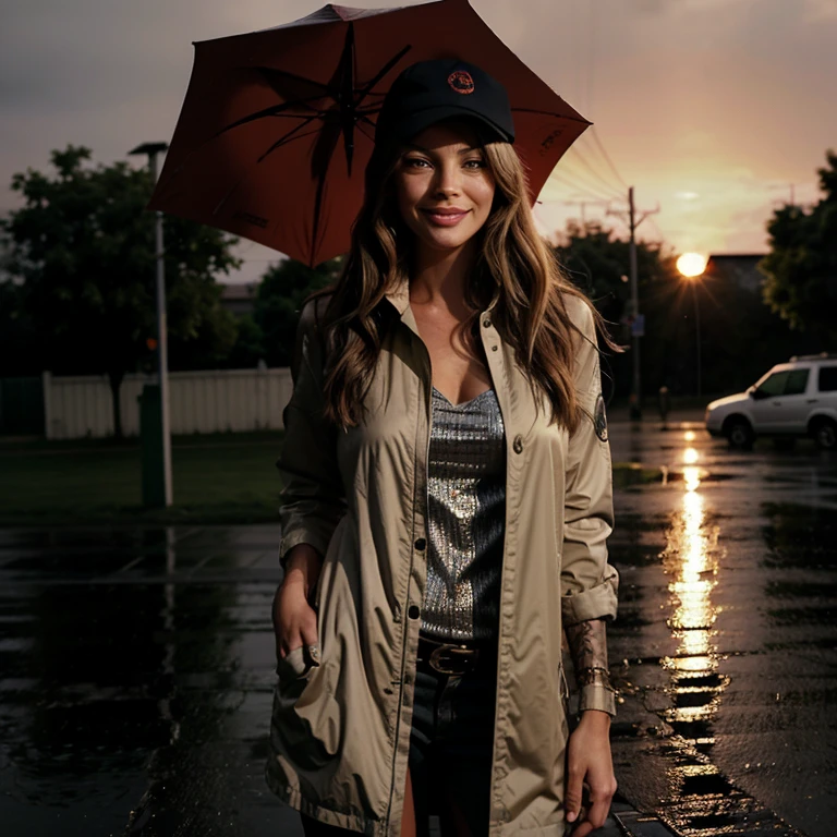 Lauren German on a rainy sunset dressed in attractive clothes smiling