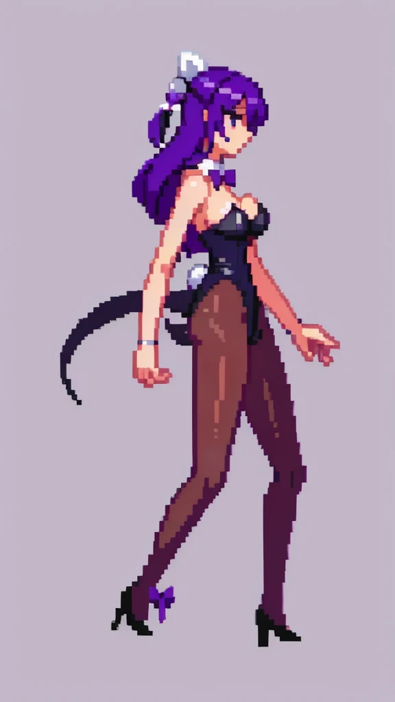 Pixel art, 6-life, full body, animal ears, rabbit ears, playboy bunny, a woman, wrist cuffs, leotard, black leotard, fake animal ears, detached collar, tail, pantyhose, strapless leotard , solo, bow, long hair, strapless, bowtie, rabbit tail, high heels, purple hair'full body, black bowtie, brown legwear, white background, standing, black bow, simple background, hair ornament, breasts,Big breasts,black footwear, cleavage, Saori Kido