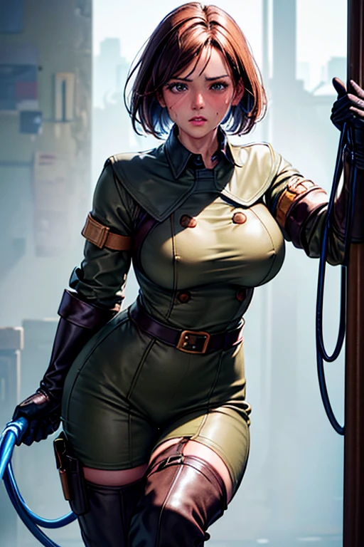 Browsing Caution, (Best image quality,highest quality,Highest Resolution, Ultra-Realistic Images,Very detailed,masterpiece,8k),One Woman,Whipping,Brown medium hair,Khaki military uniform,Leather gloves,Leather boots,((With a blue whip)),((Sticky with sweat)),Big Breasts, Erect nipples,blush, Eyes in Love, Dynamic pose ,Browsing Caution,