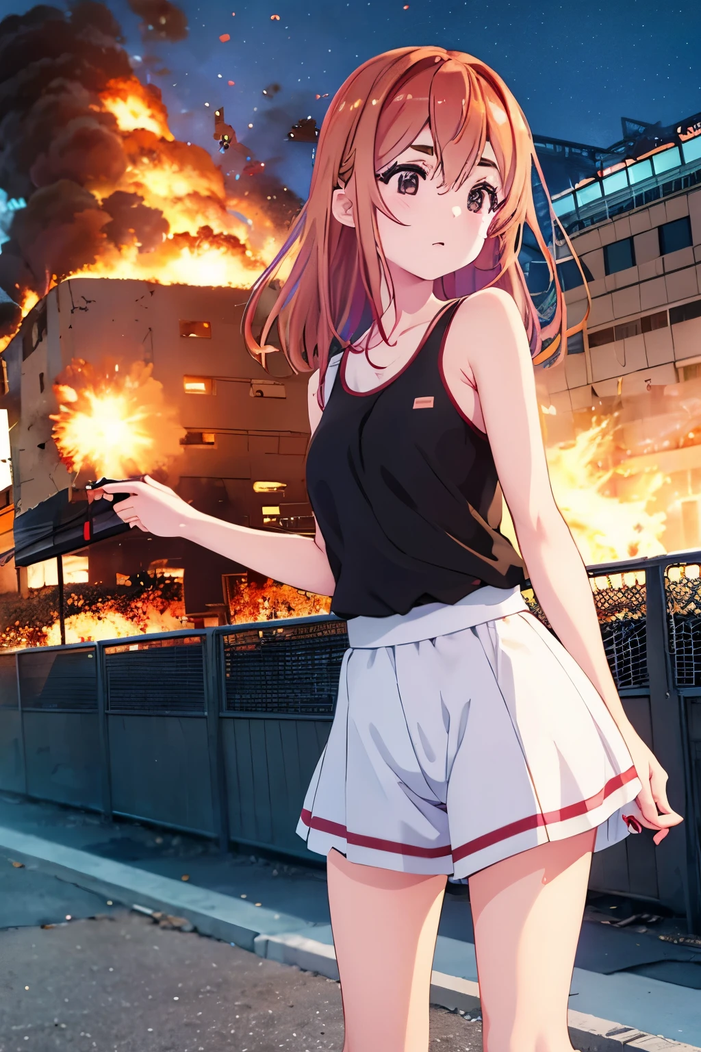 Sumi Sakurasawa、holding hundgun、at night、fence、1 girl、Sexy shorts、Black tank top、Military base exploding in flames、The building is on fire