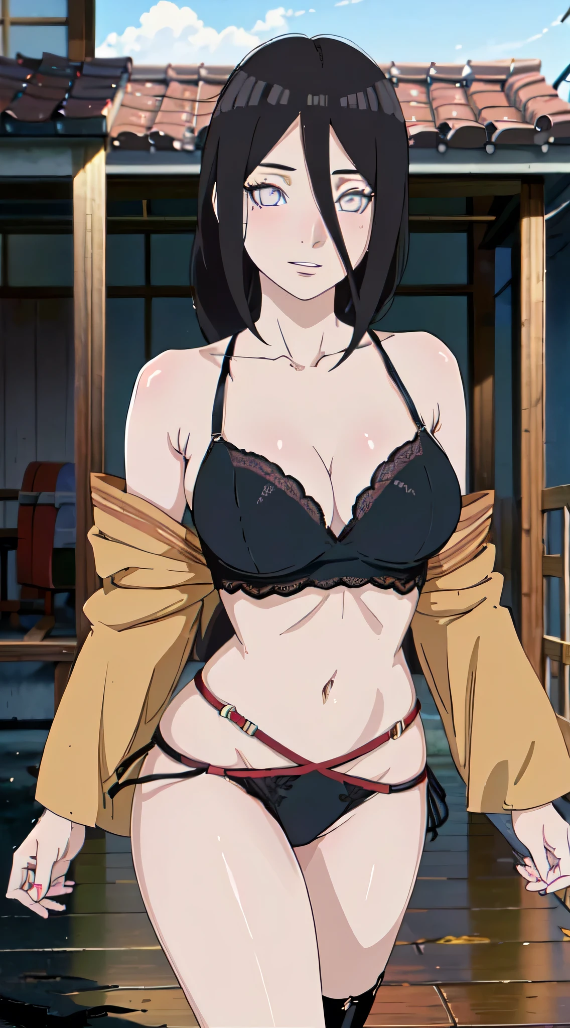 ((((masterpiece, best quality, high resolution)))), 1girl, average breasts, blush, light smile, parted lips, glow, thighs, bare shoulders, collarbone, narrow waist, cleavage, (masterpiece), (beautiful detailed face, beautiful detailed eyes), (anabi\(boruto\)