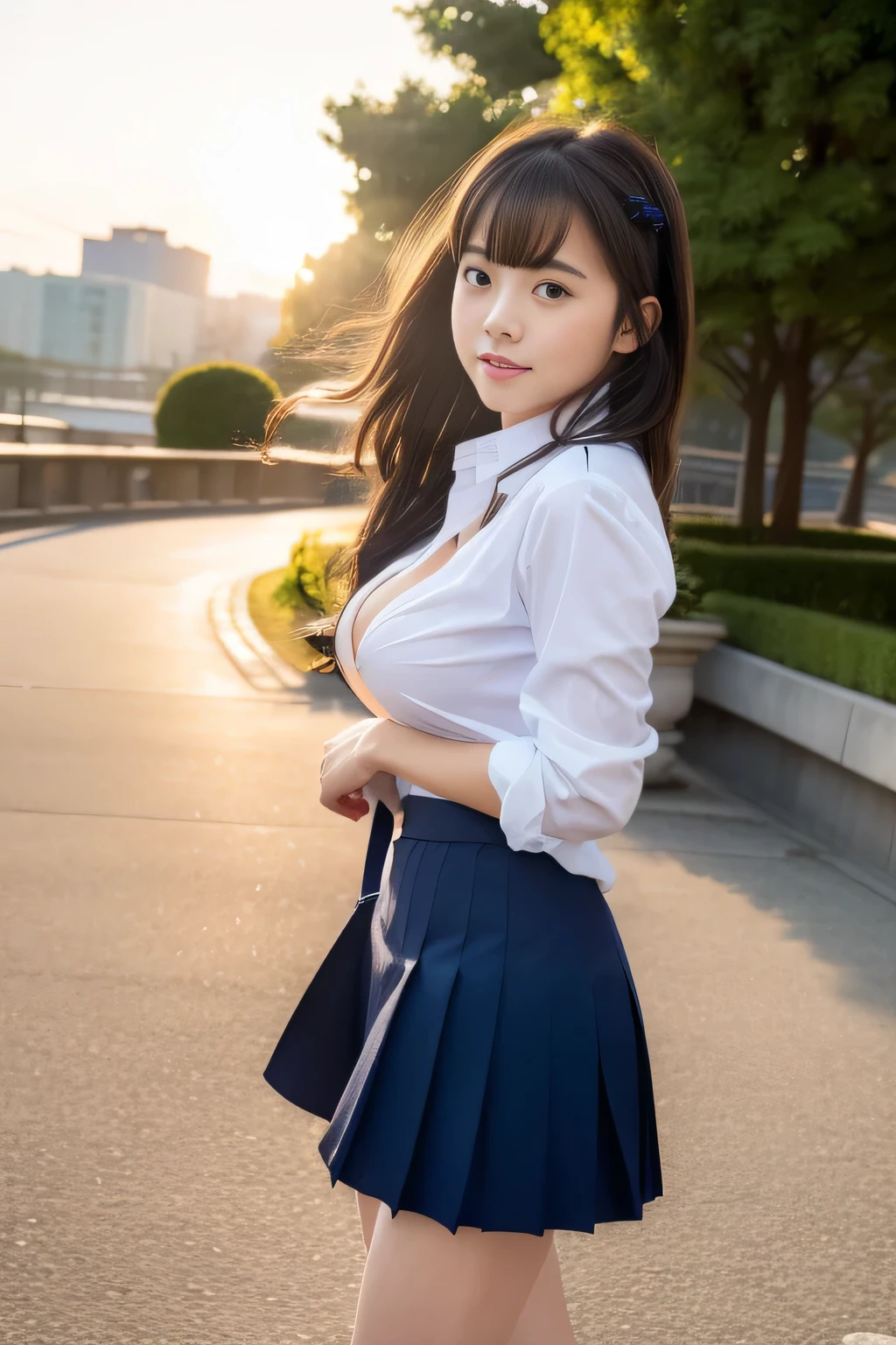(Raw photo、masterpiece、highest quality、High Resolution)、Cute Japanese、ballet、Embarrassed、Shyness、18-year-old、One Woman、Attractive body、Huge boobs:1.4、Long Wavy Hair、high school 、Thighs Thighs Thighs Thighs、White socks、Open shirt、Tight shirt、A see-through shirt、ribbon、serafuku、Very short skirt、School bag、loafers、paved、Cityscape、Fluttering skirt、Fluttering Hair、Fluttering in the wind、panties、artistic、(Perfect Anatomy、Beautiful body、Healthy Body,Beautiful Skin)、evening、sunset、Professional photography、