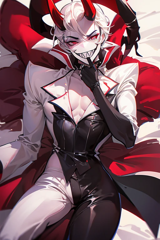 Lucifer Morningstar, hazbin hotel, 1 boy, white hair, choker, large black gloves, black thigh boots, two arms, two legs, sharp teeth, tuft, perfect anatomy, better hands, lying on bed, big erected penis, seductive smile, latex crop top, erect penis, mastruabting, no pants, no jacket, lustful, femboy, red horns, gay, penis leaking cum,