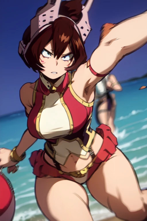 Mandalay, the feline heroine of My Hero Academia, wearing a tiny  that can barely contain her  curves. The tight top makes her voluminous  stand out, while the G-string panties leave little to the imagination. Her tanned skin shines in the sun, and her feline eyes emanate a look of pure lust. Her sculpted body moves with feline grace, every muscle contorting in a way that would drive anyone crazy with desire. She walks slowly, knowing full well the effect she has. Her long toned legs seem unstoppable, and her firm, round  jiggles gently with each step. Her expression is a mix of power and sensuality, making it clear that she is the master of this  dance. Her tail moves from side to side, mesmerizing everyone who sees her. Mandalay is a vision of pure sin, and I can't wait to see this image take shape."