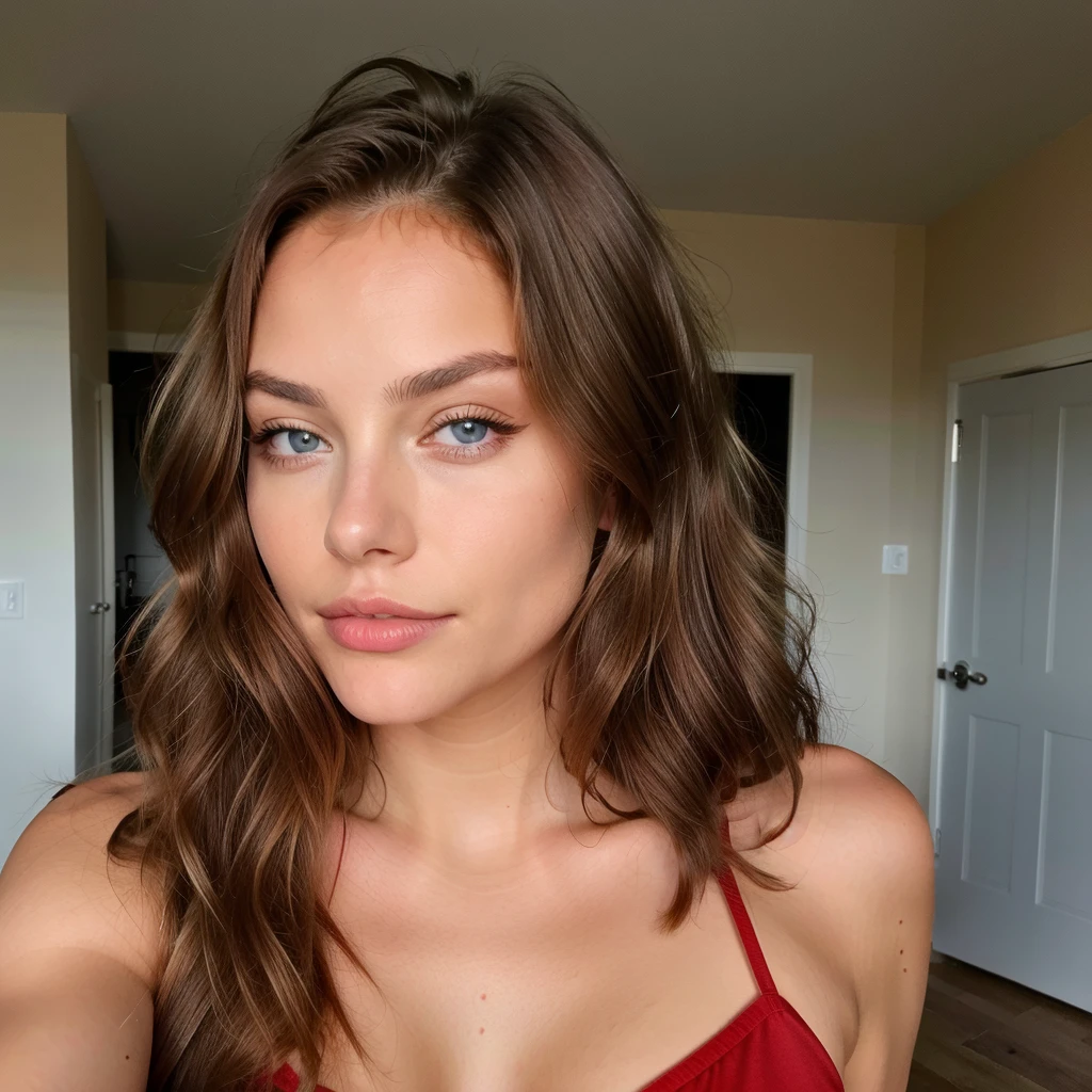 Belle brune aux reflets blonds portant en soutien gorge sexy rouge (dans une salle ), very detailed, 22 ans, , , visage innocent, natural wavy hair, yeux bleus, high resolution, chef-d'artwork, Best quality, Intricate details, very detailed, Sharpness, detailed skin, texture de peau réaliste, texture, detailed eyes, professionnel, 4k, sourire charmant, shot with Canon, 85mm, faible profondeur de champ, Couleur de vision Kodak, corps parfaitement ajusté , Extremely detailed, la photographie_\(ultra\), photorealistic, Realistic, Post-traitement, Maximum details, roughness, vrai vie, ultra realistic, photorealism, la photographie, 8k euh, la photographie,de dos,vue, view ass nude