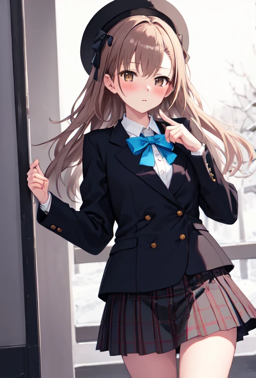 highest quality, masterpiece, High resolution, alone, (superior_Mikoto_Blue Archive:1.10), One girl, hairpin, tokiwadai , blazer, Winter clothes, Checked skirt, blush, bow, coin, 7 