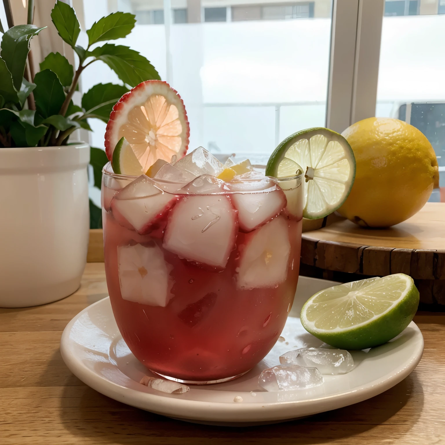 Un vaso de vidrio con limonada de fresa y hielo